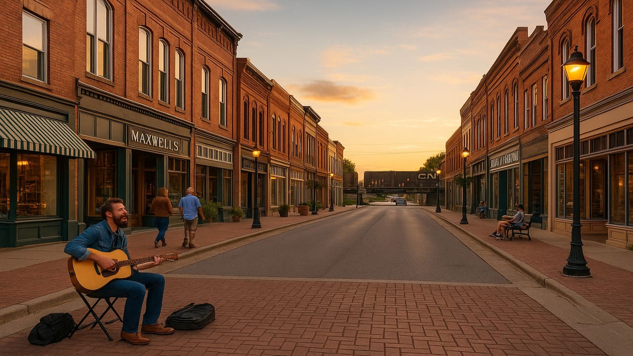 Main Street Rhythms Local Shops, Street Musicians, and Passing Trains