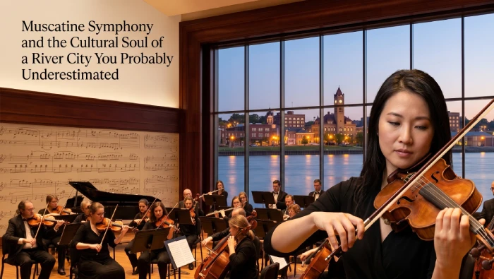 Female violinist in candid moment reading sheet music on stage at Muscatine Symphony Orchestra concert