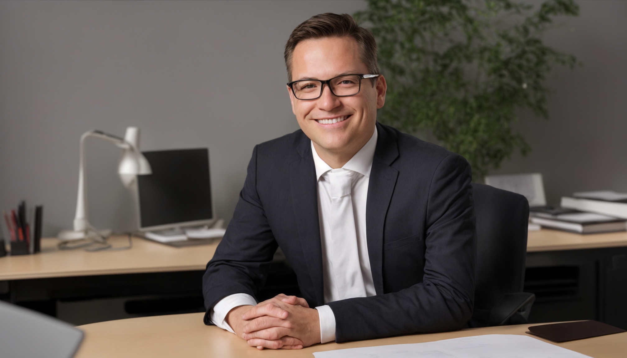 Adult person behind a sleek desk smiling slightly looking directly at the camera