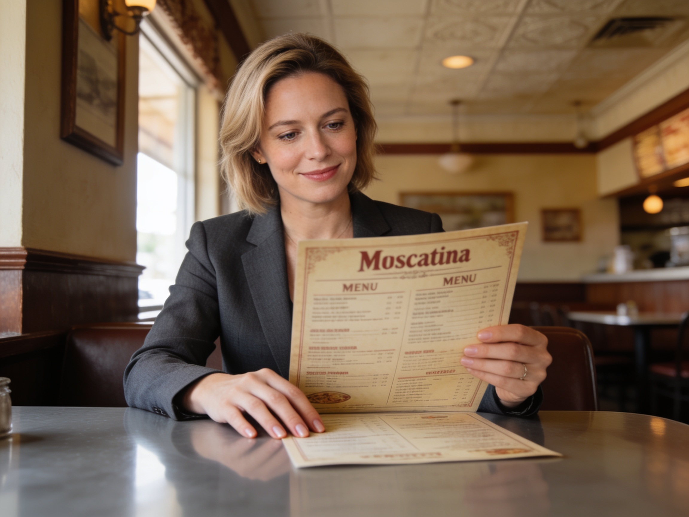 Woman reading a menu for Muscatine historic dining guide experience