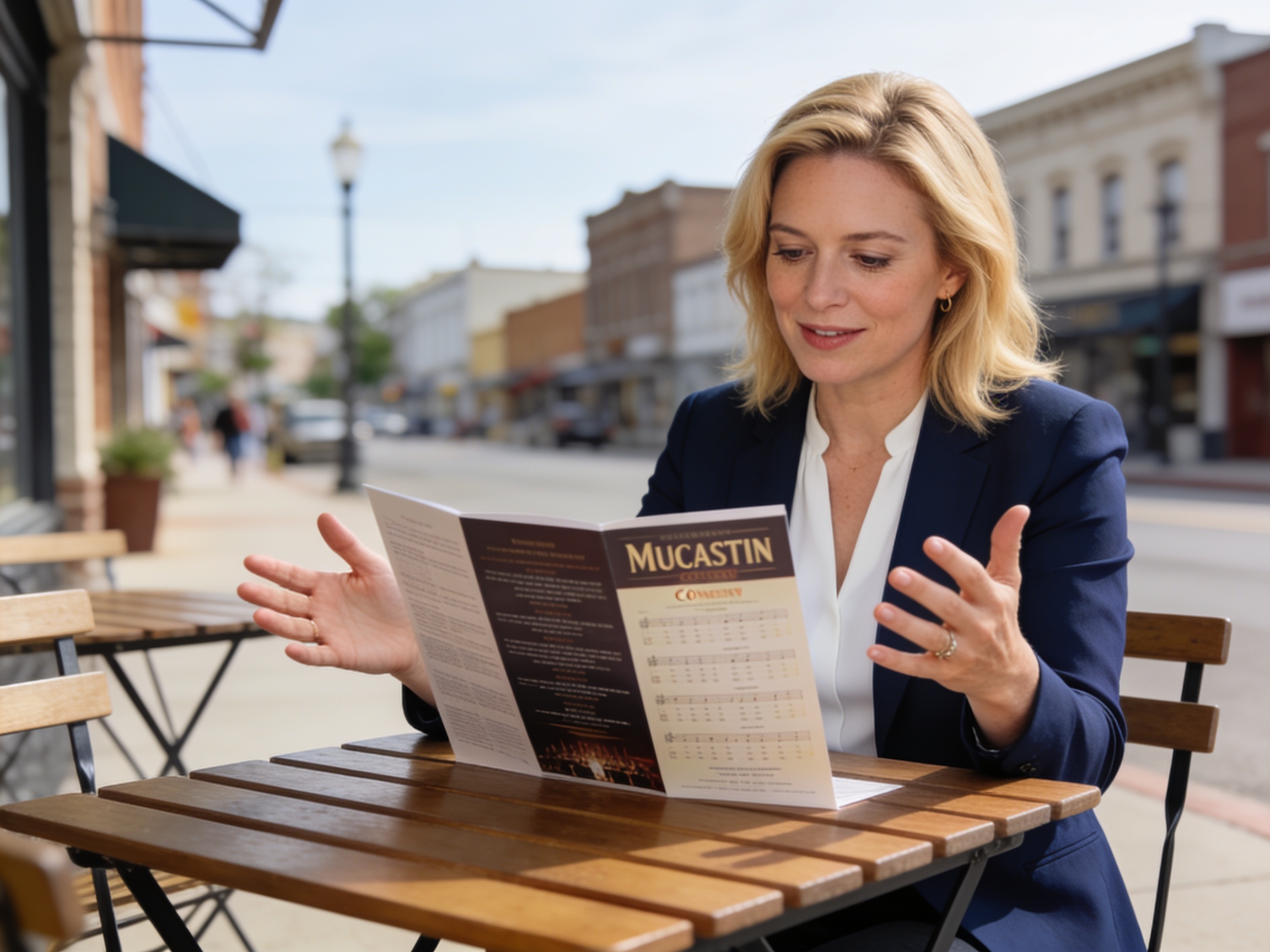 American woman reading a concert program during Muscatine Symphony cultural tours