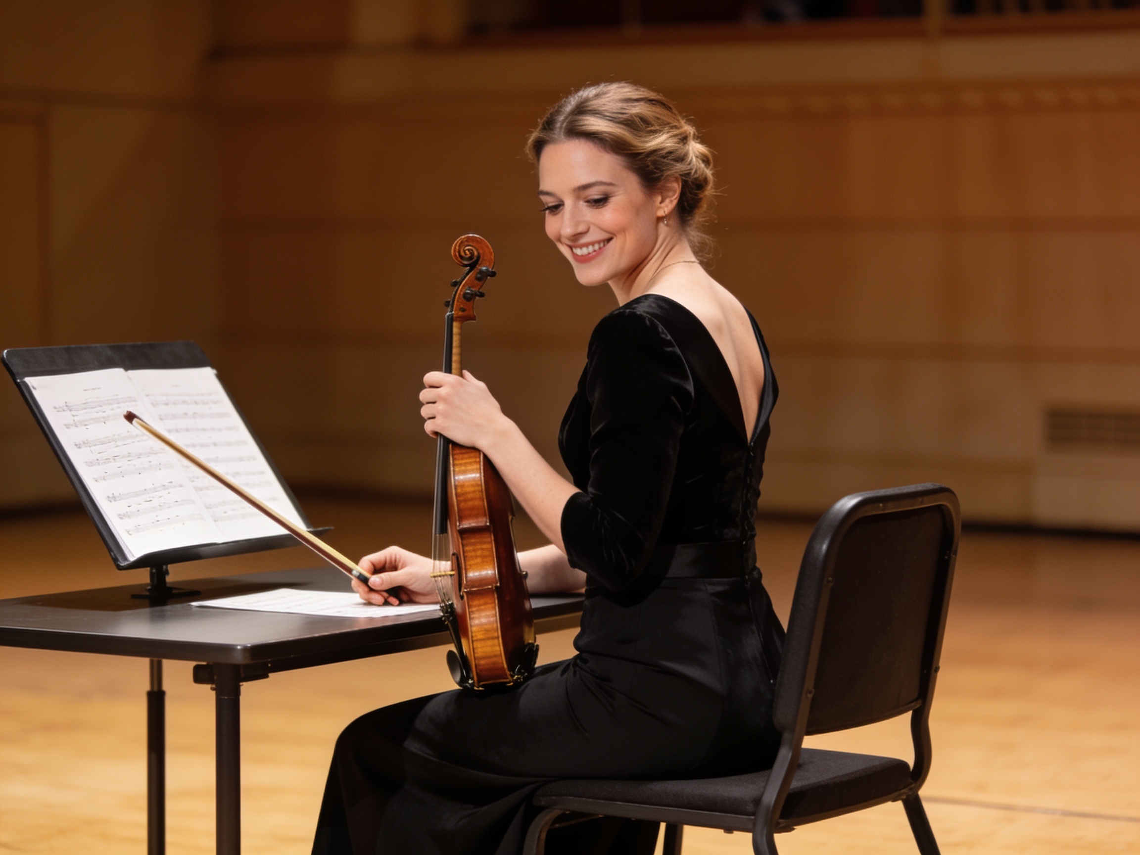 Musician reading sheet music for the Muscatine Symphony Orchestra schedule performance.