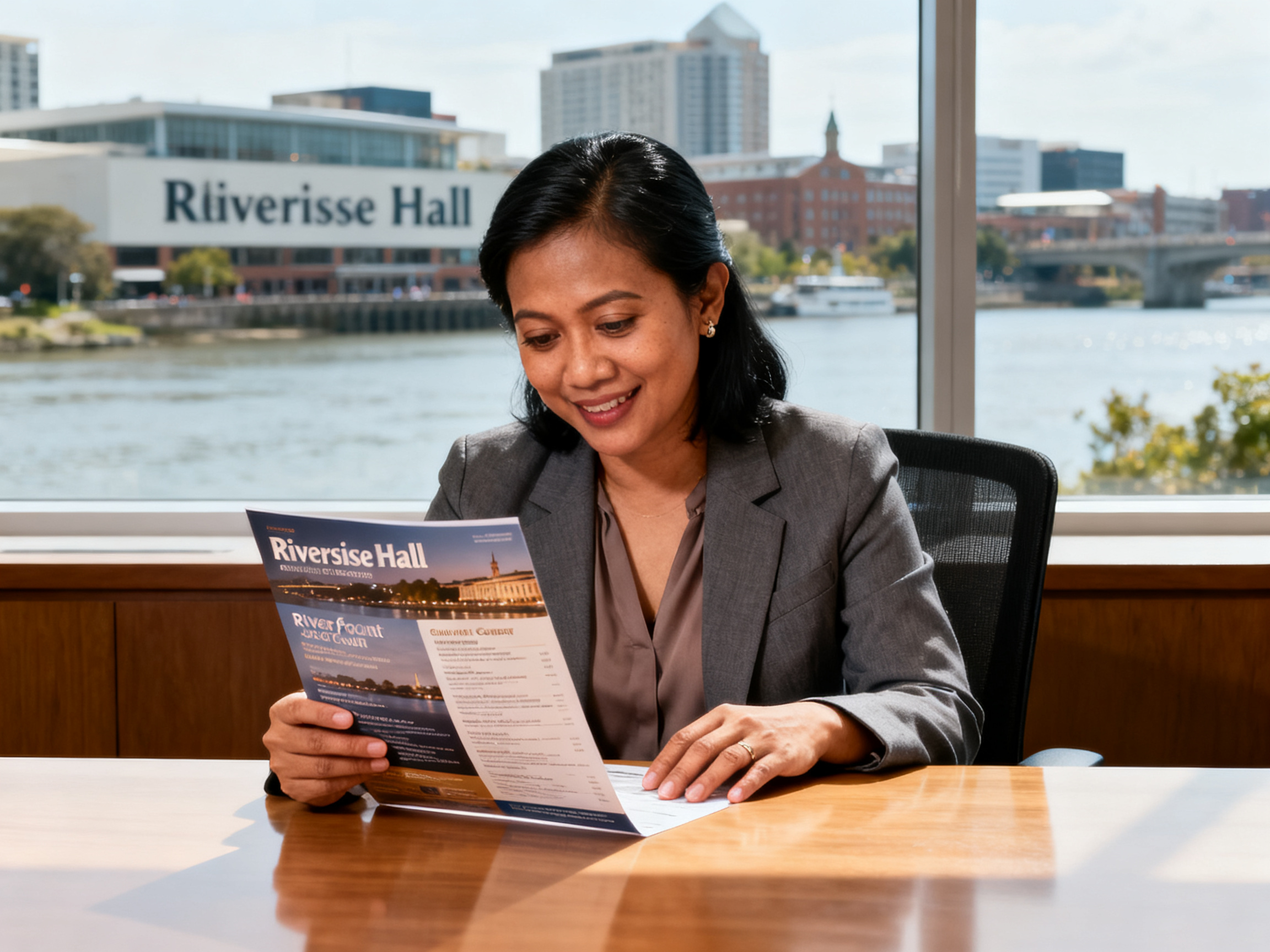 Muscatine city life harmony captured as a resident reviews concert program beside Riverside Hall
