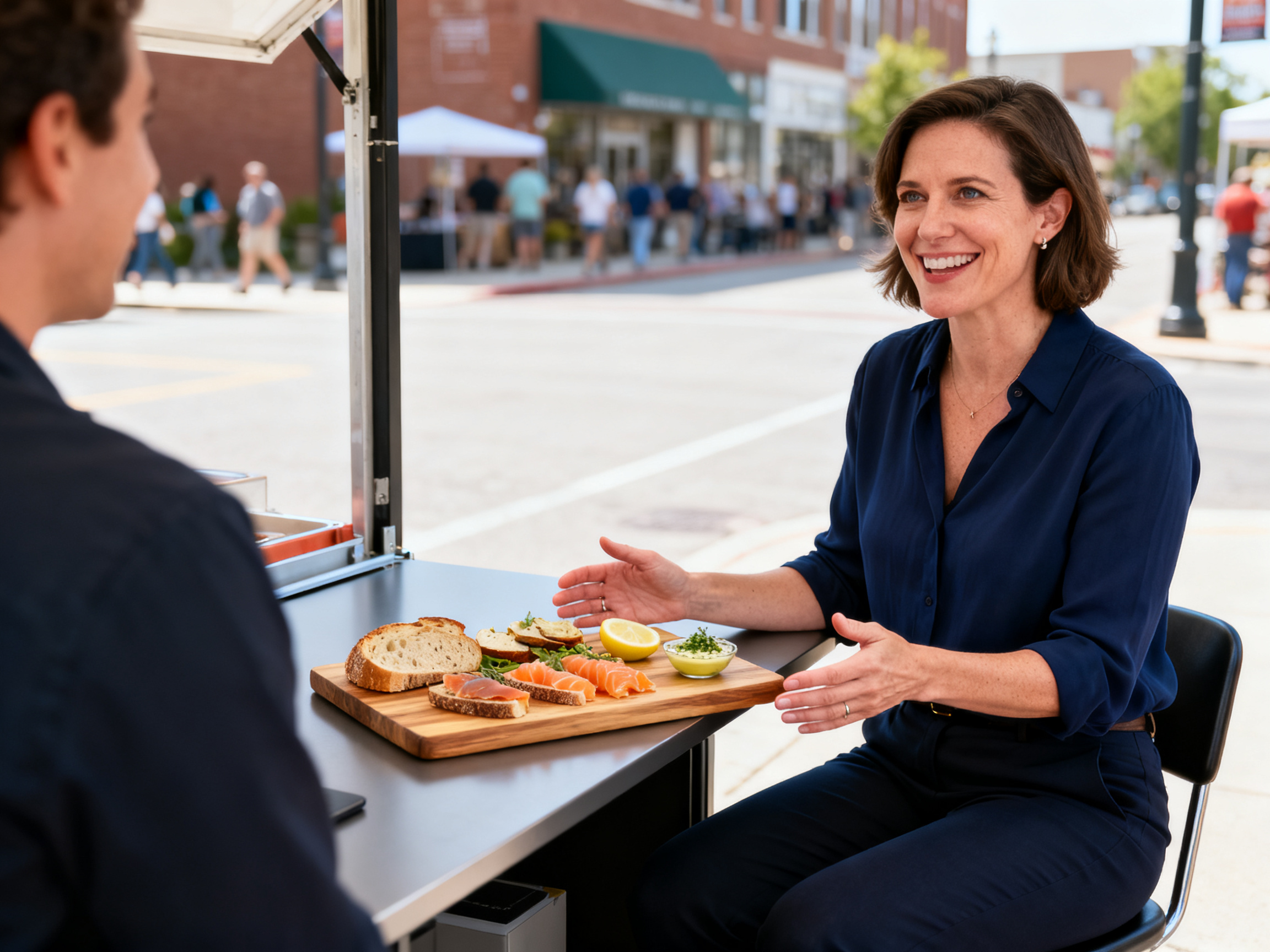 American woman examining Muscatine culinary symphony experience food platter with sourdough and smoked trout